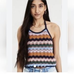 American Eagle Blue Crochet Knit Halter Tank Top Size M.